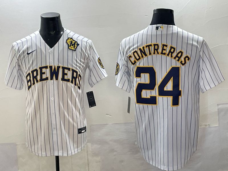Men Milwaukee Brewers #24 Contreras White Stripe Nike MLB 2025 Jersey 04